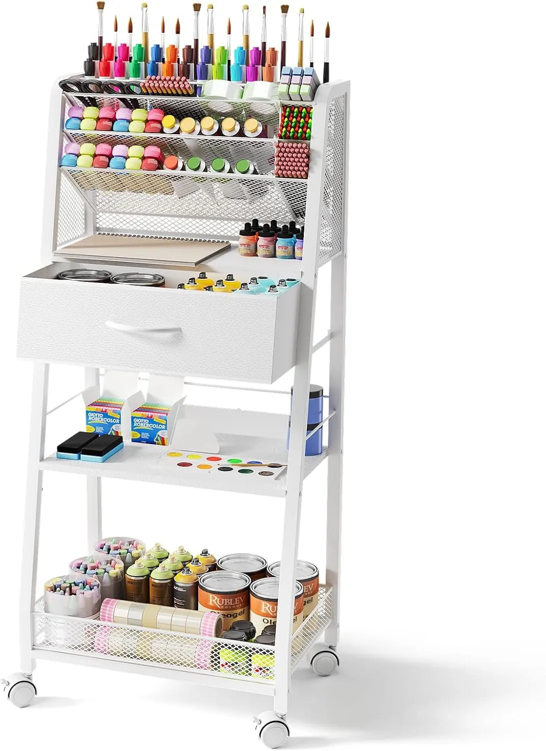 3 Tier Rolling Cart - Metal Utility Cart with Storage Drawer and Wheels, Versatile Art & Craft Organizer for Home, Office, or Studio - Ideal for Storing Brushes, Paints, and Supplies（White）