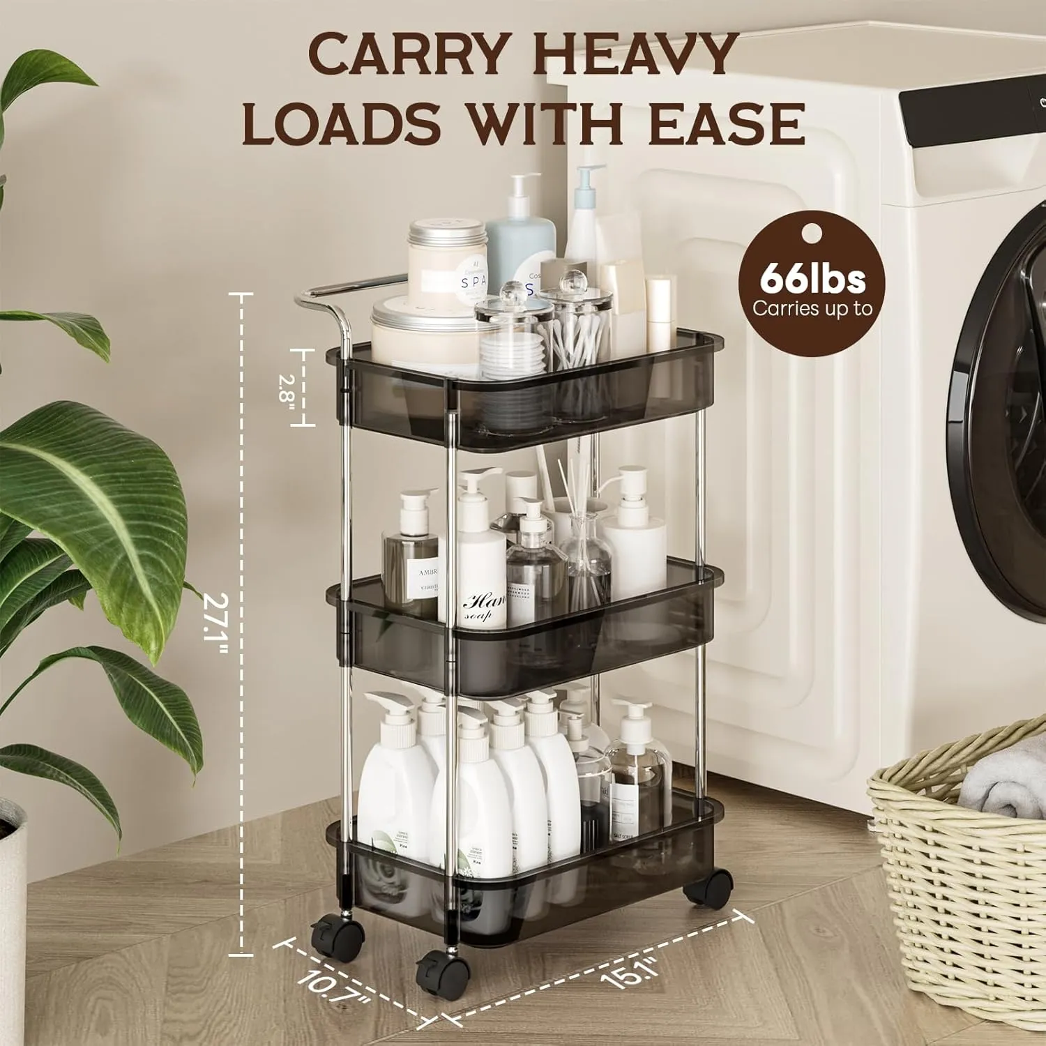 3 Tier Rolling Cart with Wheels, Plastic Storage Trolley for Kitchen, Bathroom, Laundry, Baby Diaper, Craft, Movable Utility Shelf Organizer with Handles, Black