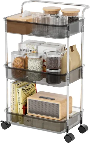 3 Tier Rolling Cart with Wheels, Plastic Storage Trolley for Kitchen, Bathroom, Laundry, Baby Diaper, Craft, Movable Utility Shelf Organizer with Handles, Black