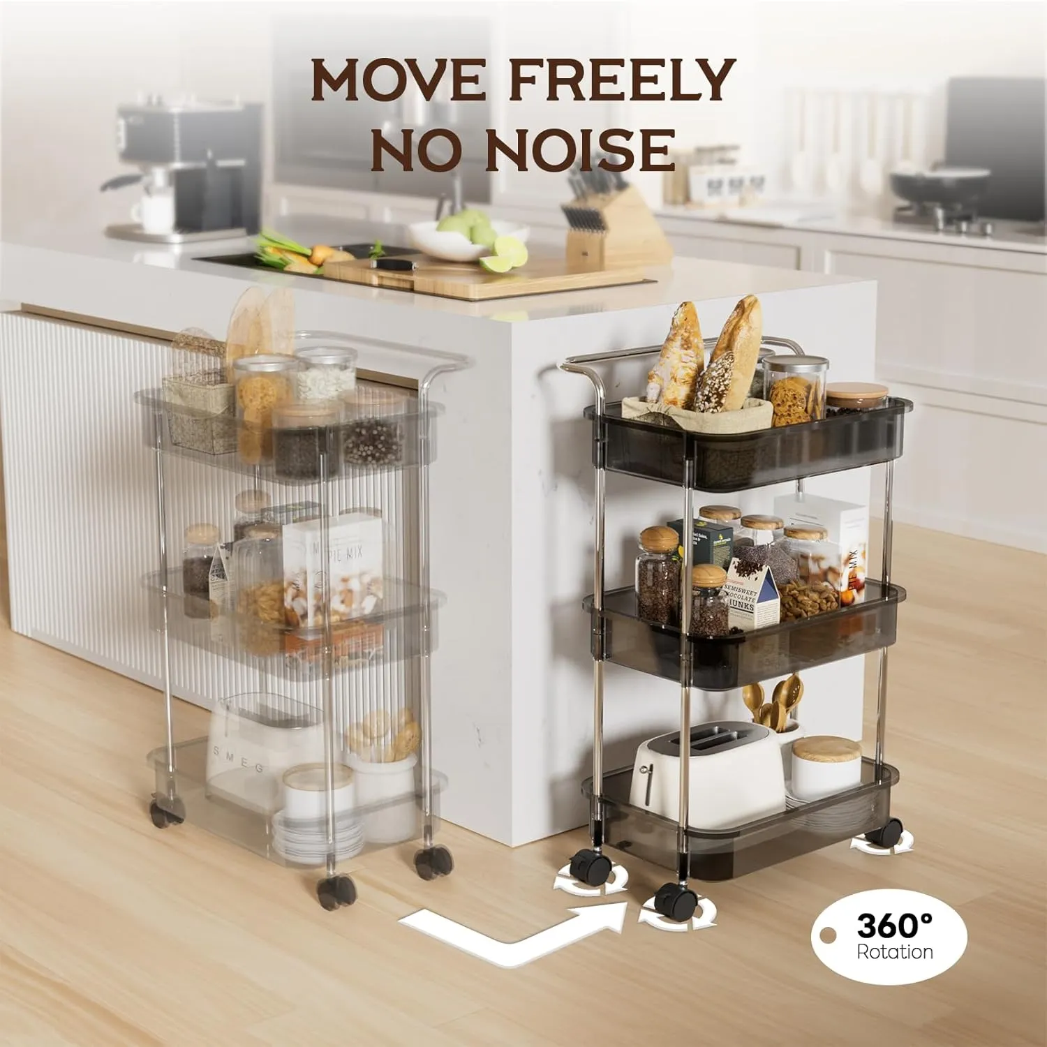 3 Tier Rolling Cart with Wheels, Plastic Storage Trolley for Kitchen, Bathroom, Laundry, Baby Diaper, Craft, Movable Utility Shelf Organizer with Handles, Black