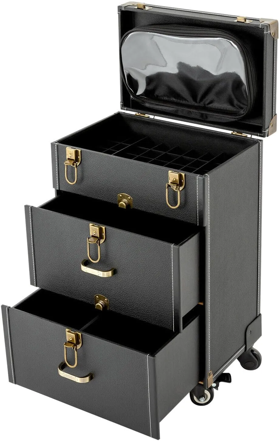3-Tiers Portable Rolling Makeup Train Case Salon Cosmetic Trolley Organizer Box Cosmetics Storage Organizer Make up Case for Travel Makeup/Nail Art/Hair Styling