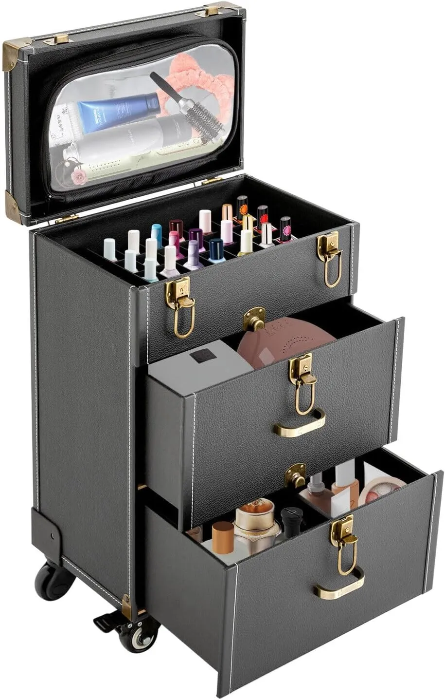 3-Tiers Portable Rolling Makeup Train Case Salon Cosmetic Trolley Organizer Box Cosmetics Storage Organizer Make up Case for Travel Makeup/Nail Art/Hair Styling