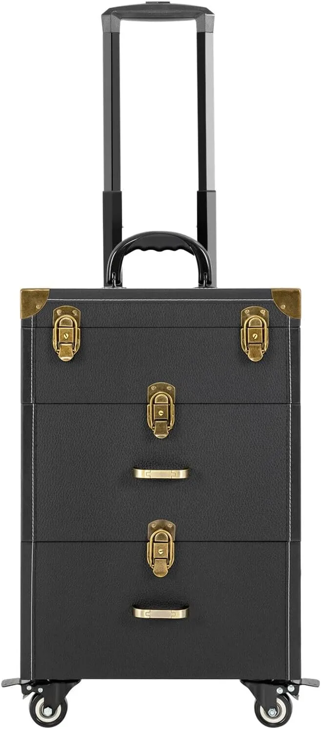 3-Tiers Portable Rolling Makeup Train Case Salon Cosmetic Trolley Organizer Box Cosmetics Storage Organizer Make up Case for Travel Makeup/Nail Art/Hair Styling