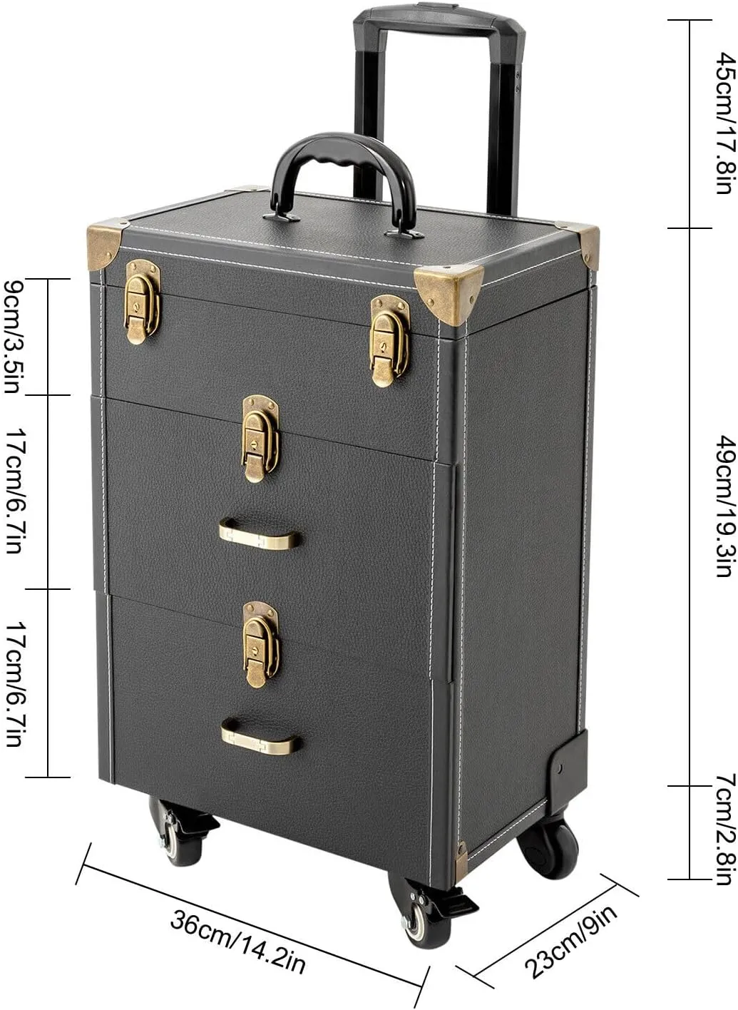 3-Tiers Portable Rolling Makeup Train Case Salon Cosmetic Trolley Organizer Box Cosmetics Storage Organizer Make up Case for Travel Makeup/Nail Art/Hair Styling