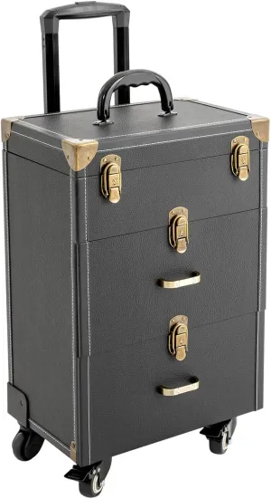 3-Tiers Portable Rolling Makeup Train Case Salon Cosmetic Trolley Organizer Box Cosmetics Storage Organizer Make up Case for Travel Makeup/Nail Art/Hair Styling