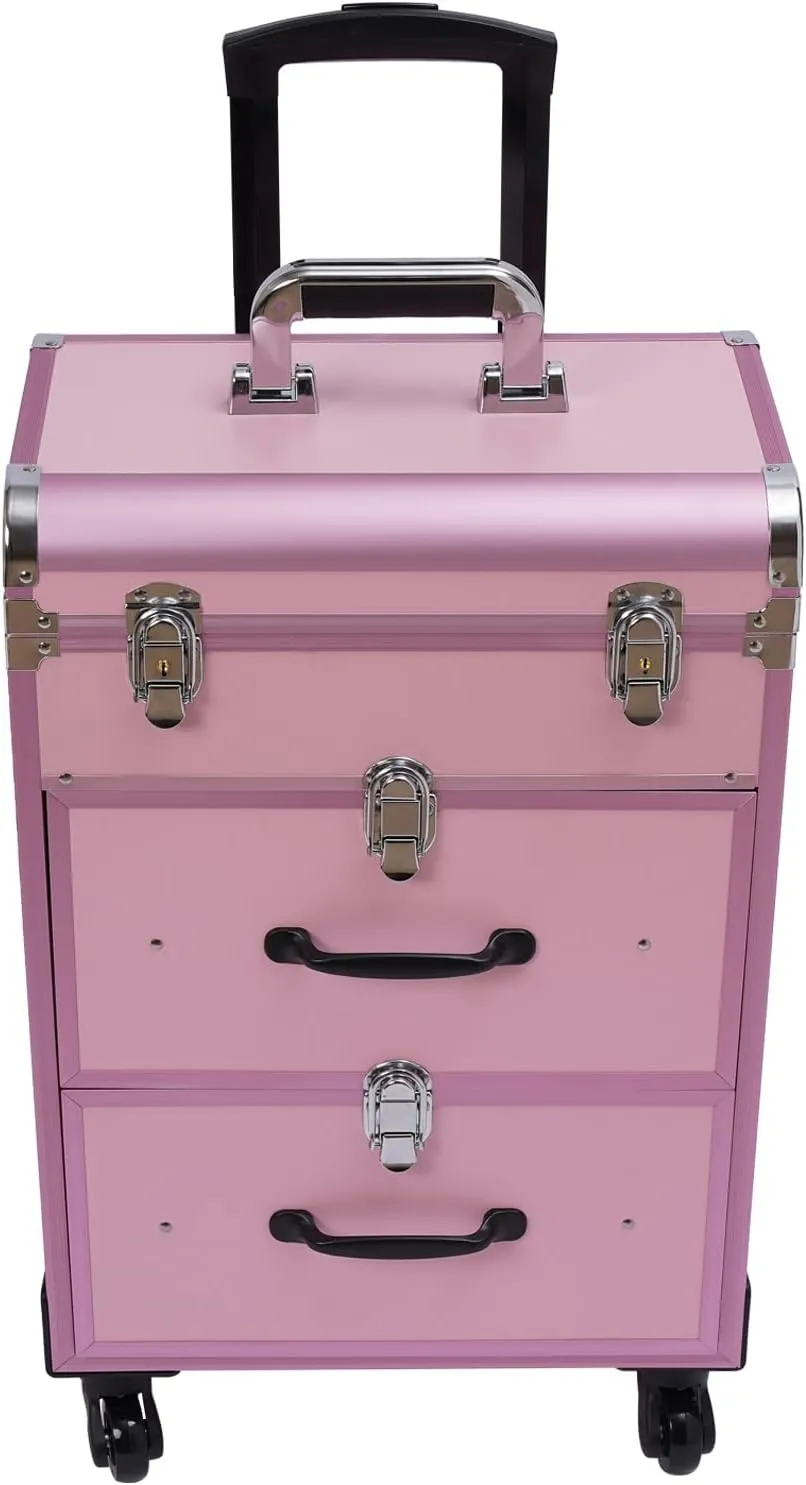 3-Tiers Rolling Makeup Train Case Lockable Makeup Beauty Salon Luggage Hairdressing Trolley Travel Organizer Tool Box for professional make-up artists,hairdressers,14.2*9.1*22.8inch (Pink)