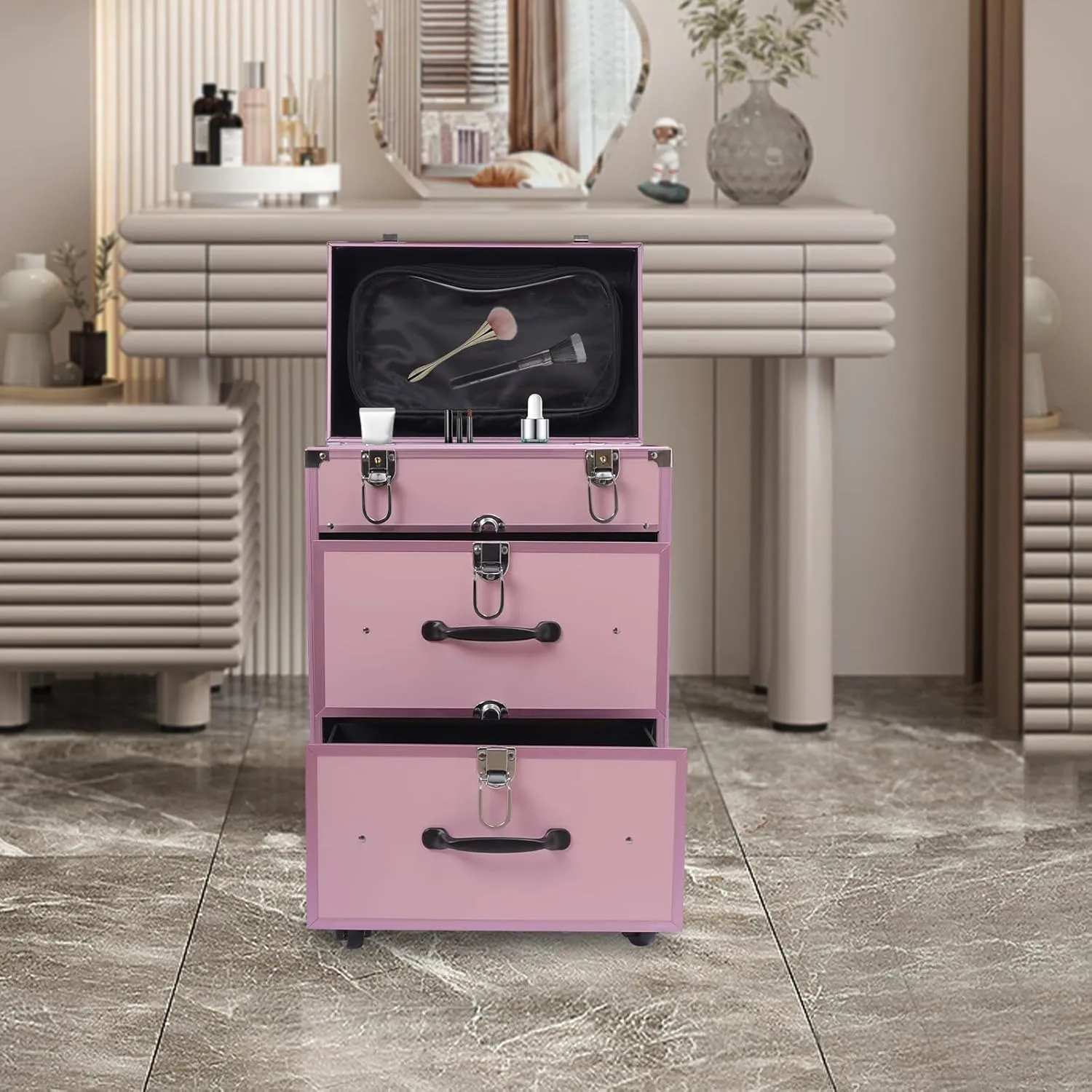 3-Tiers Rolling Makeup Train Case Lockable Makeup Beauty Salon Luggage Hairdressing Trolley Travel Organizer Tool Box for professional make-up artists,hairdressers,14.2*9.1*22.8inch (Pink)