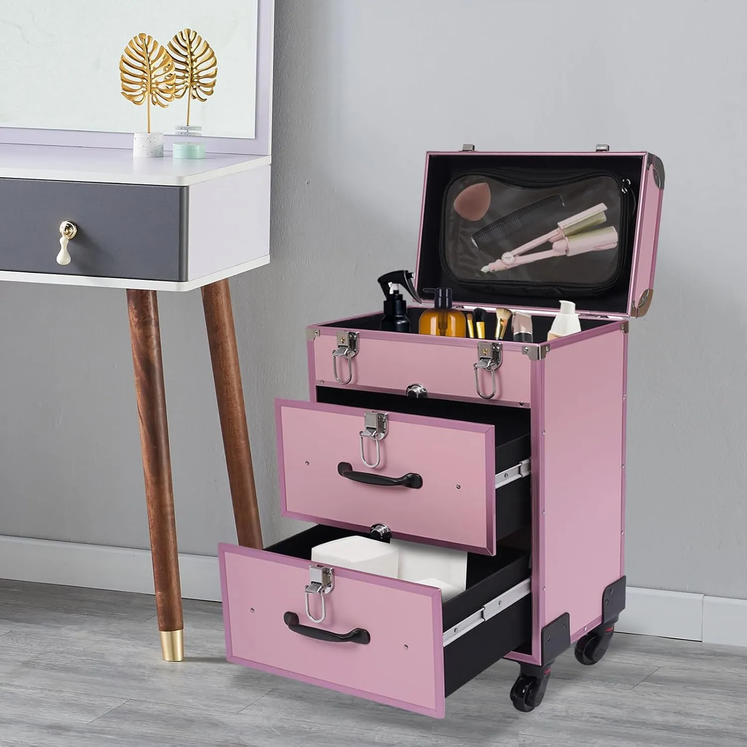 3-Tiers Rolling Makeup Train Case Lockable Makeup Beauty Salon Luggage Hairdressing Trolley Travel Organizer Tool Box for professional make-up artists,hairdressers,14.2*9.1*22.8inch (Pink)