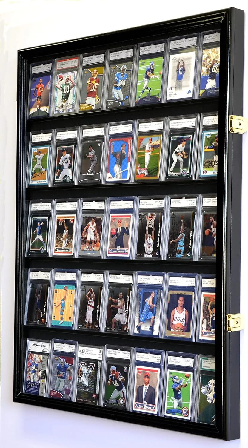 35 Graded Sport Cards/Collectible Card Display Case Wall Cabinet w/98% UV Door, Lockable