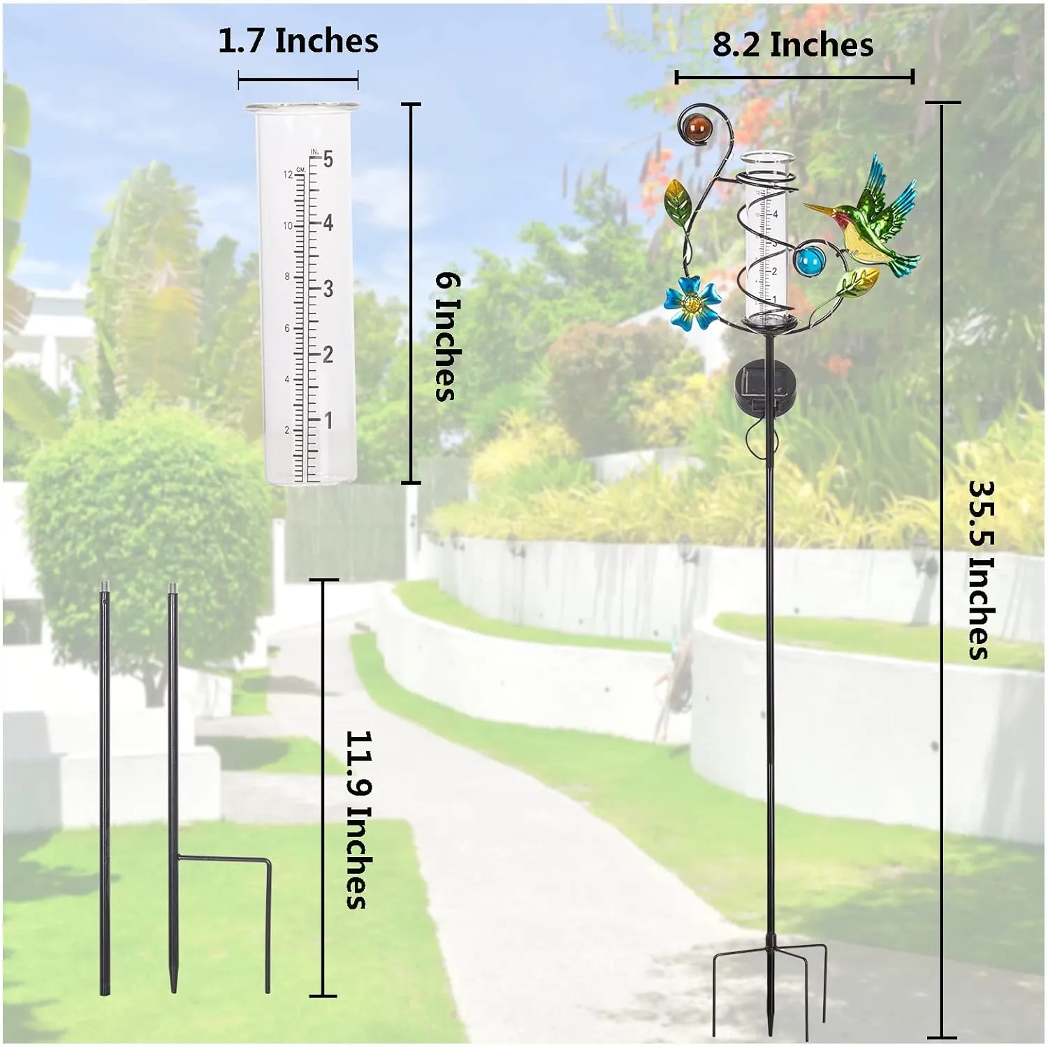 35'' Hummingbird Rain Gauge Outdoor - Solar Rain Gauges with LED Light for Yards, Lawns, Pathway, Patio (Colorful)