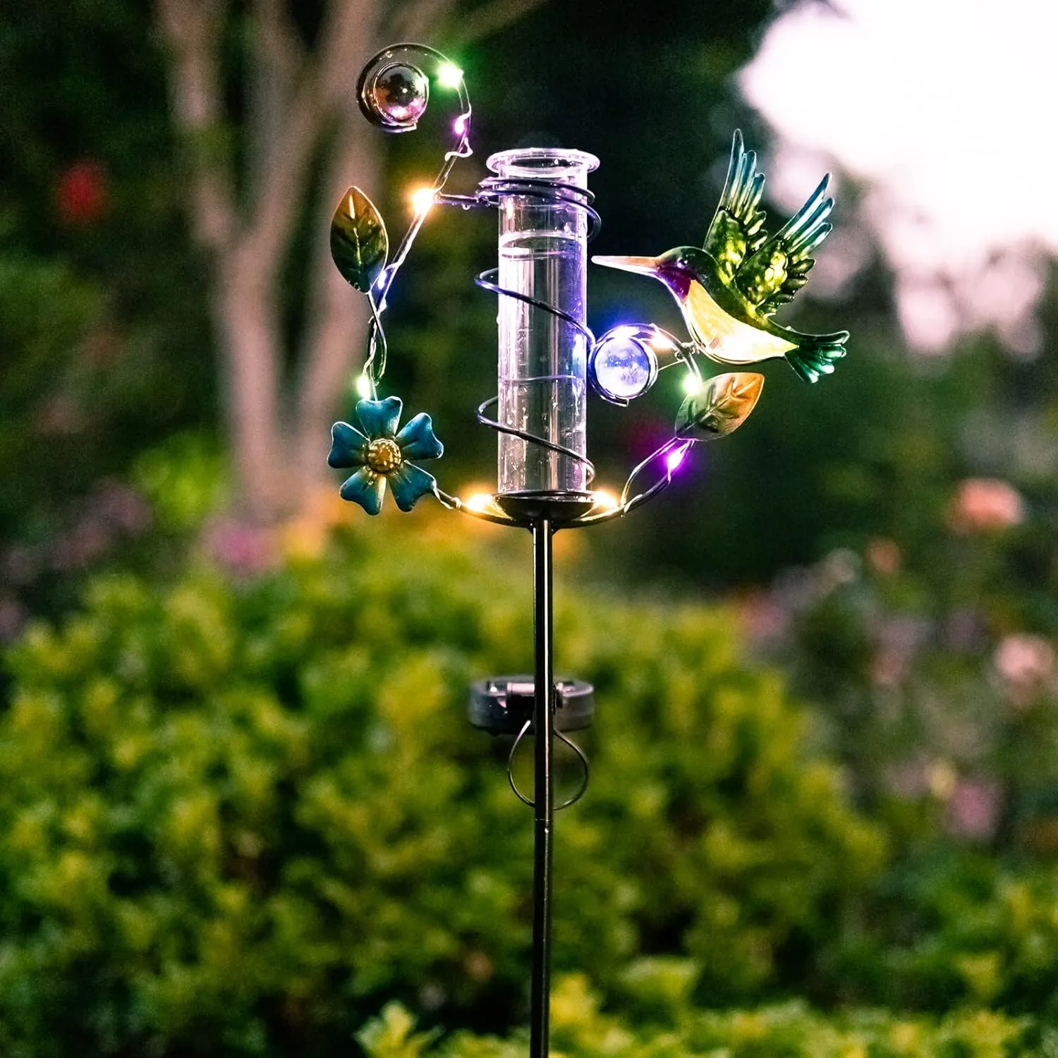 35'' Hummingbird Rain Gauge Outdoor - Solar Rain Gauges with LED Light for Yards, Lawns, Pathway, Patio (Colorful)
