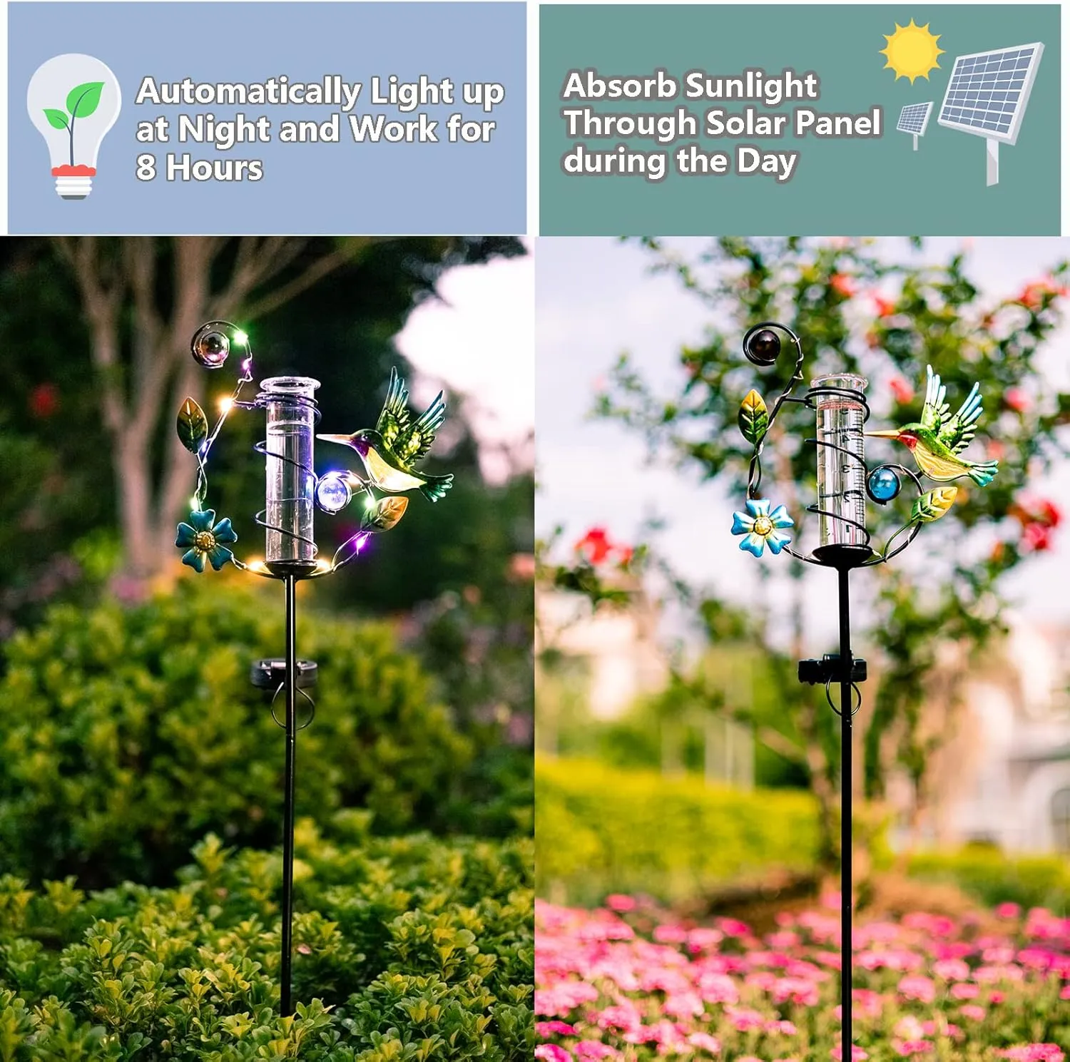 35'' Hummingbird Rain Gauge Outdoor - Solar Rain Gauges with LED Light for Yards, Lawns, Pathway, Patio (Colorful)