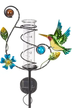 35'' Hummingbird Rain Gauge Outdoor - Solar Rain Gauges with LED Light for Yards, Lawns, Pathway, Patio (Colorful)