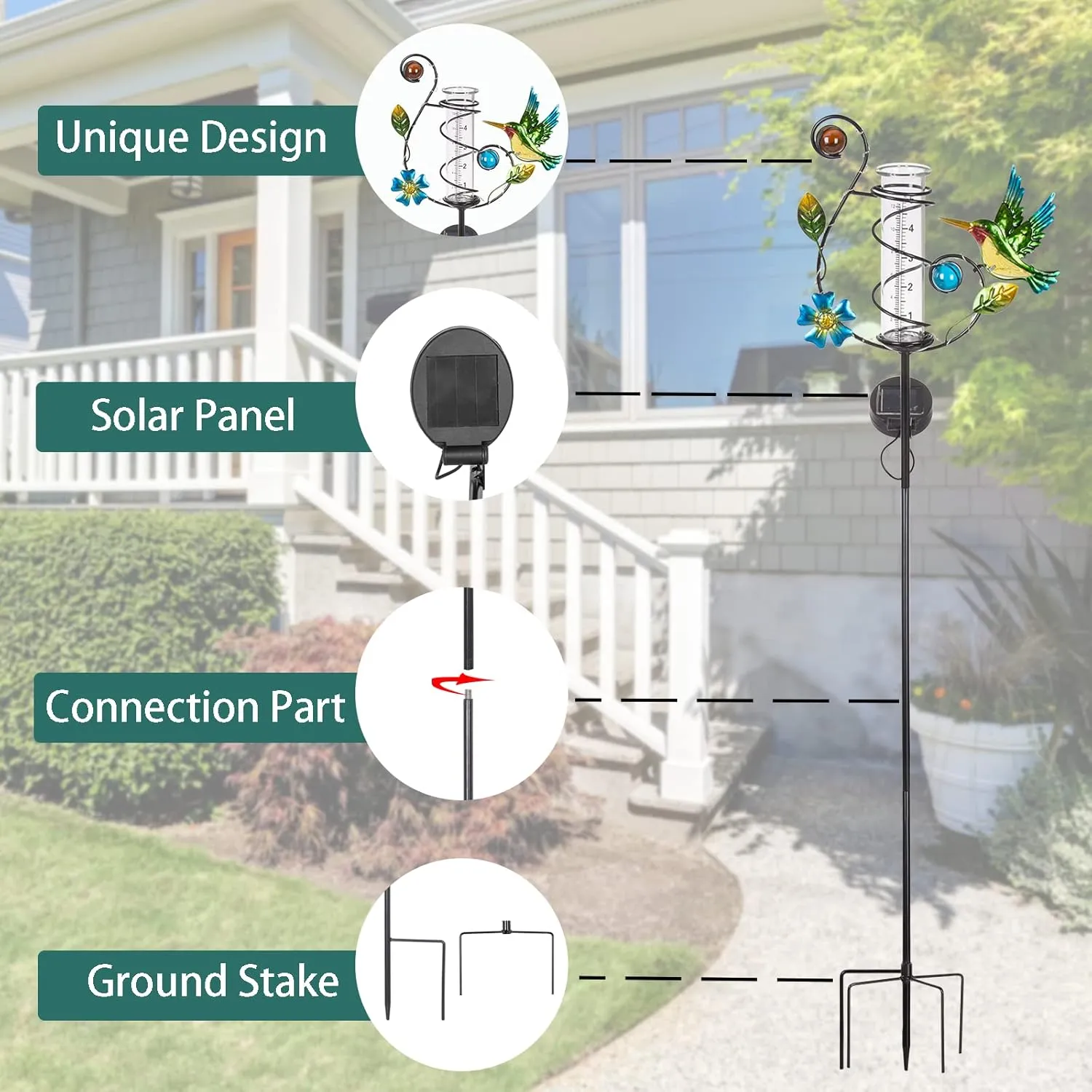 35'' Hummingbird Rain Gauge Outdoor - Solar Rain Gauges with LED Light for Yards, Lawns, Pathway, Patio (Colorful)