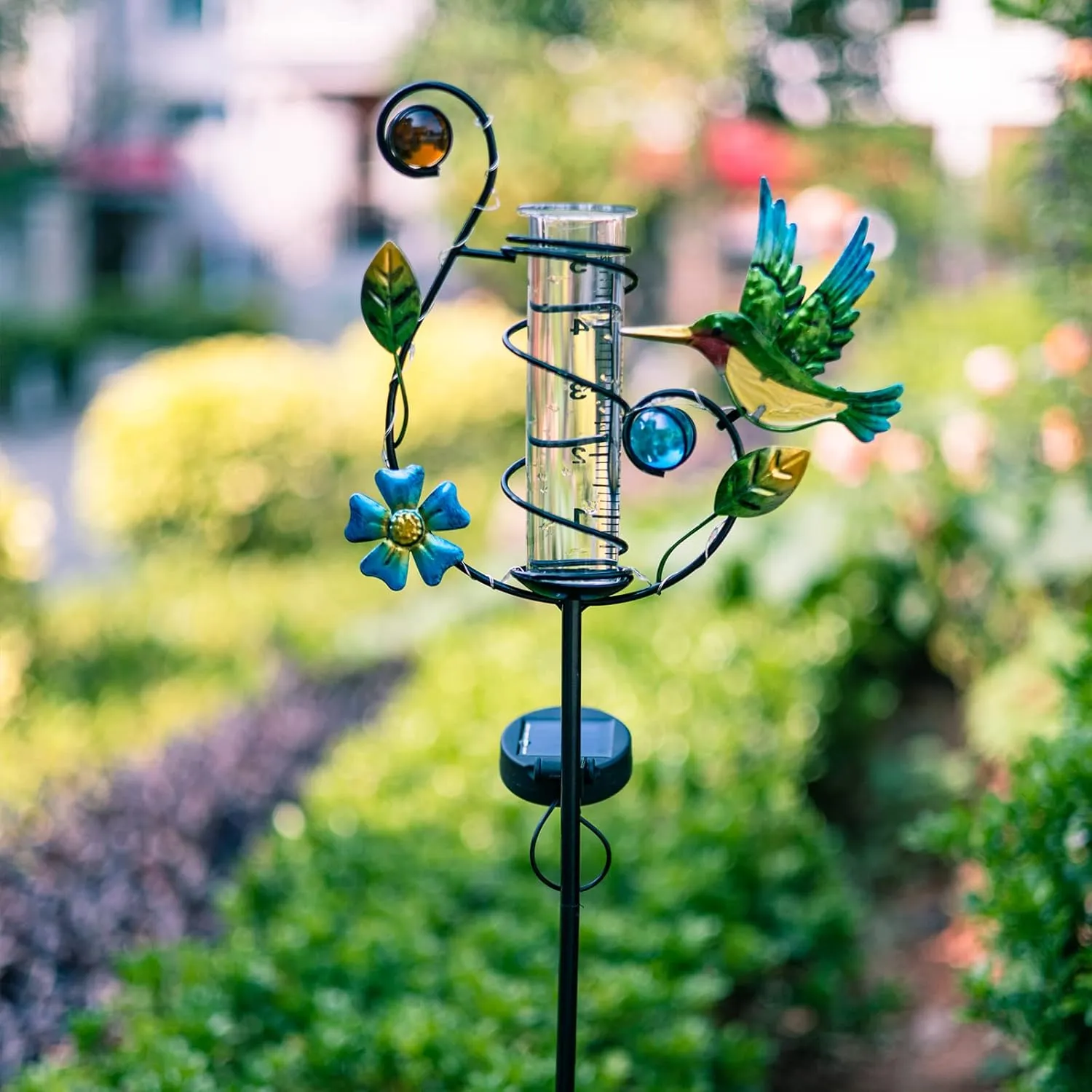 35'' Hummingbird Rain Gauge Outdoor - Solar Rain Gauges with LED Light for Yards, Lawns, Pathway, Patio (Colorful)