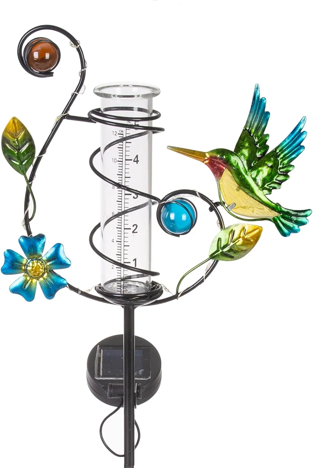 35'' Hummingbird Rain Gauge Outdoor - Solar Rain Gauges with LED Light for Yards, Lawns, Pathway, Patio (Colorful)