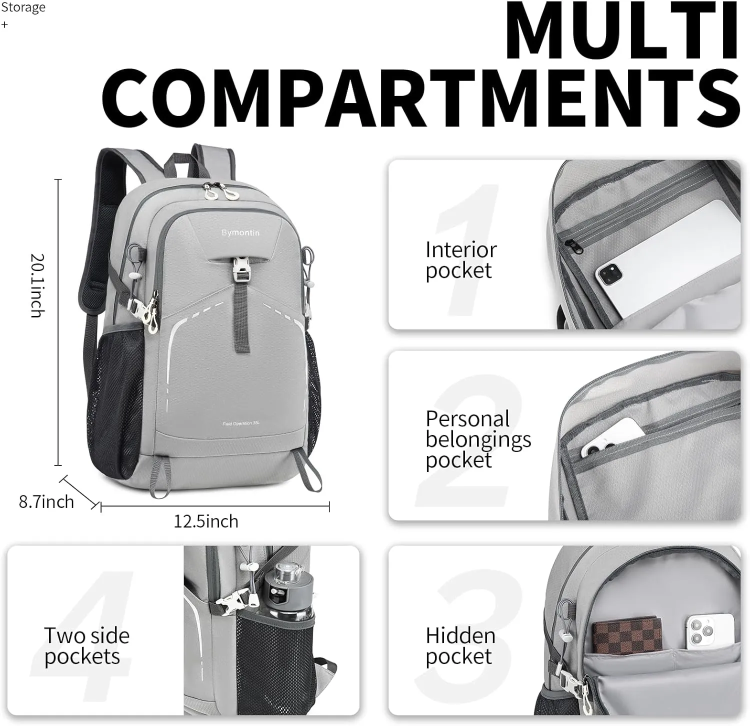 35L Essential Hiking Backpack for Men Women, Lightweight Foldable Packable Daypack for Gym, Outdoor Sport and Travel (Grey)