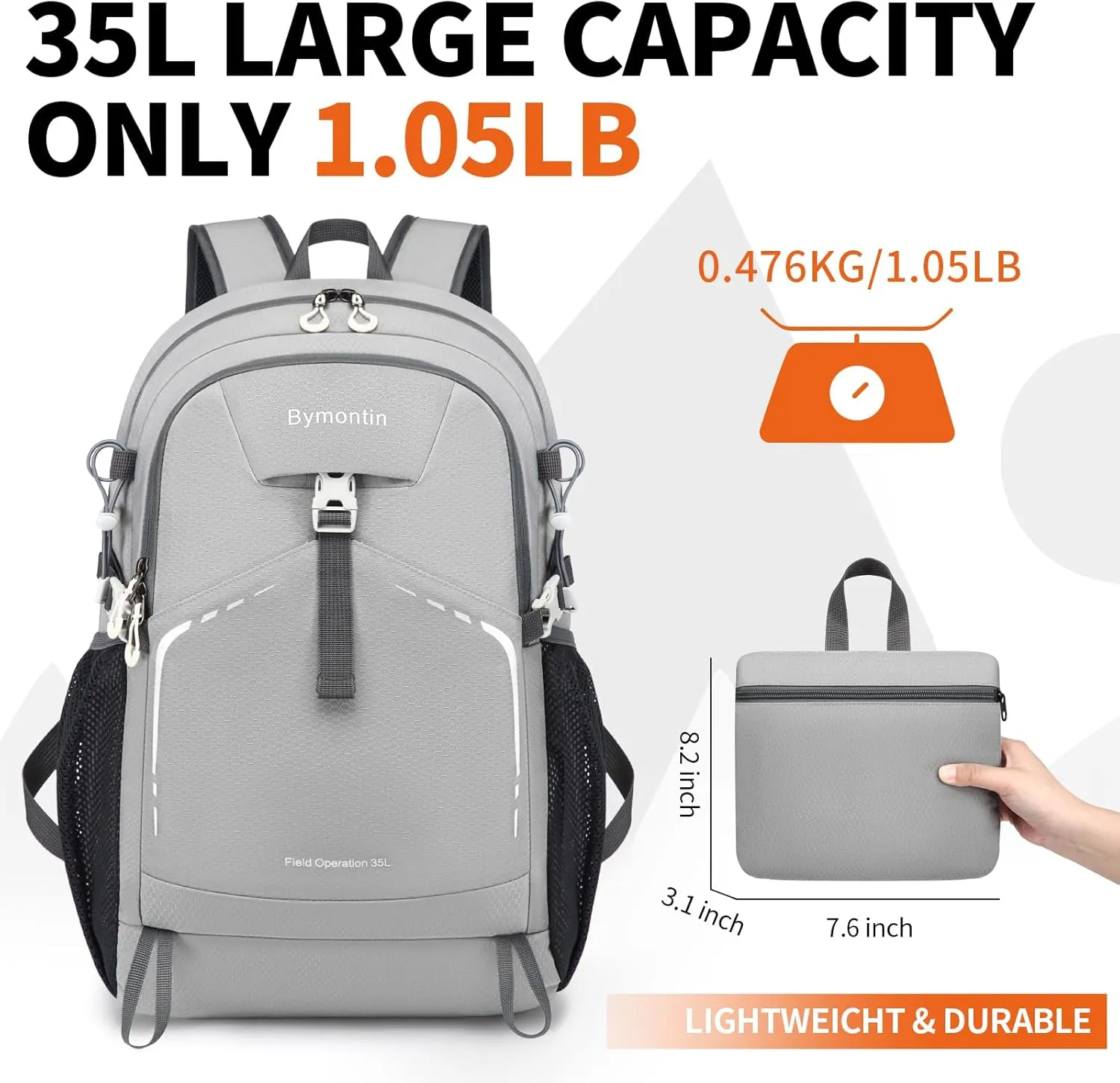 35L Essential Hiking Backpack for Men Women, Lightweight Foldable Packable Daypack for Gym, Outdoor Sport and Travel (Grey)