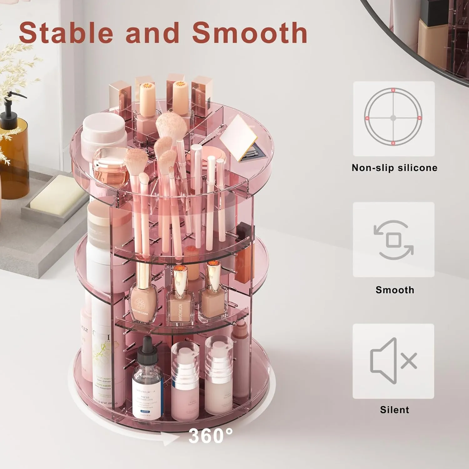 360 Rotating Makeup Organizer with Lipstick Slots, 8 Adjustable Layers Spinning Skincare Organizers, Large Capacity Desk Storage, Carousel Cosmetic Shelf for Vanity Bathroom Countertop