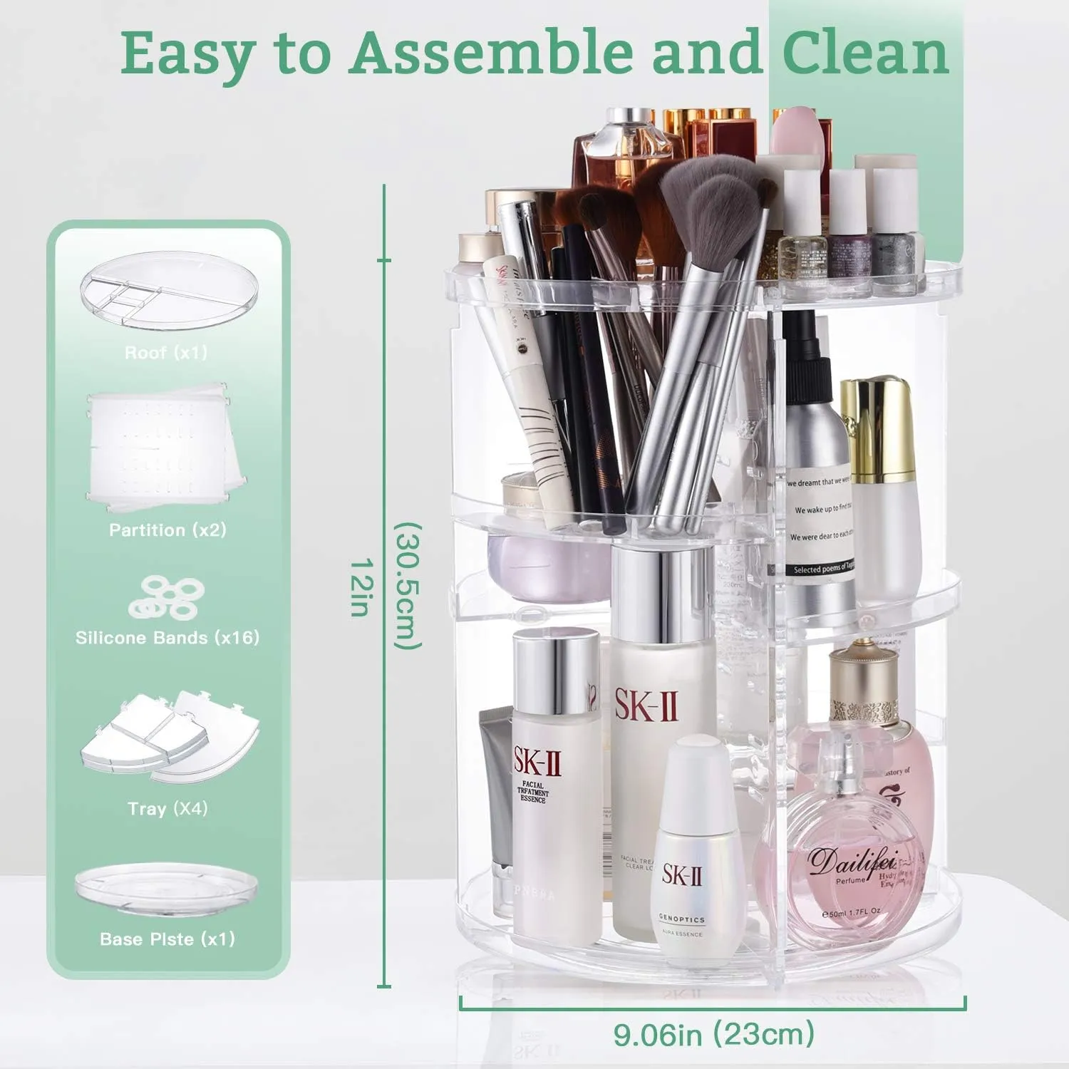 360 Rotating Makeup Organizer,DIY Adjustable Spinning Holder,Foldable Cosmetic Storage Display box,Large Capacity Make up Caddy Shelf,Fits Countertop Vanity and Bathroom (CLEAR)