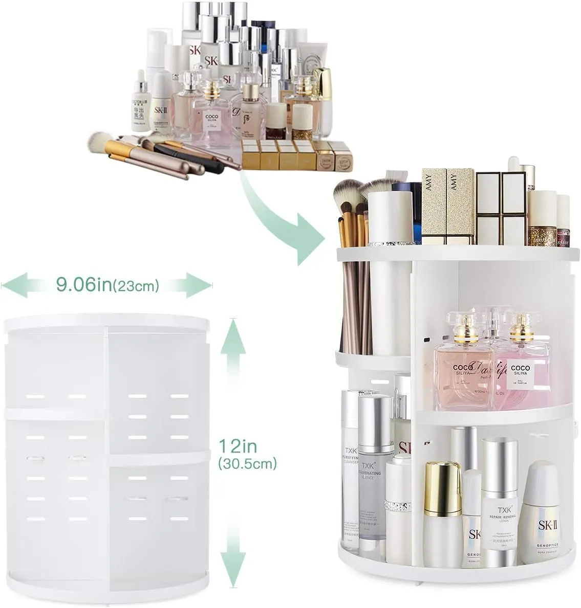 360 Rotating Makeup Organizer,DIY Adjustable Spinning Holder,Foldable Cosmetic Storage Display box,Large Capacity Make up Caddy Shelf,Fits Countertop Vanity and Bathroom (WHITE)