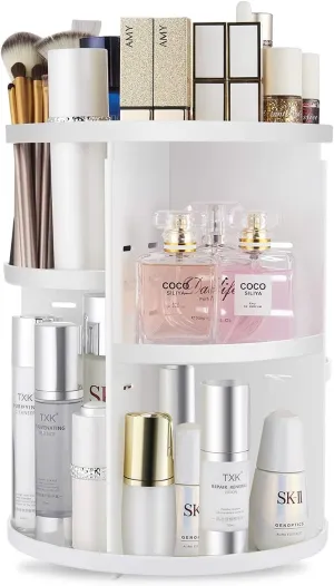 360 Rotating Makeup Organizer,DIY Adjustable Spinning Holder,Foldable Cosmetic Storage Display box,Large Capacity Make up Caddy Shelf,Fits Countertop Vanity and Bathroom (WHITE)