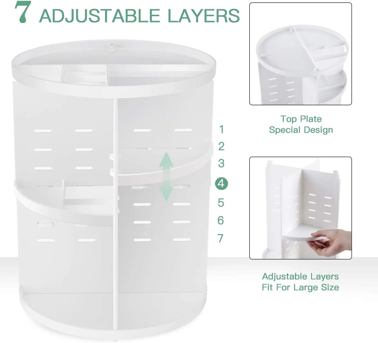 360 Rotating Makeup Organizer,DIY Adjustable Spinning Holder,Foldable Cosmetic Storage Display box,Large Capacity Make up Caddy Shelf,Fits Countertop Vanity and Bathroom (WHITE)