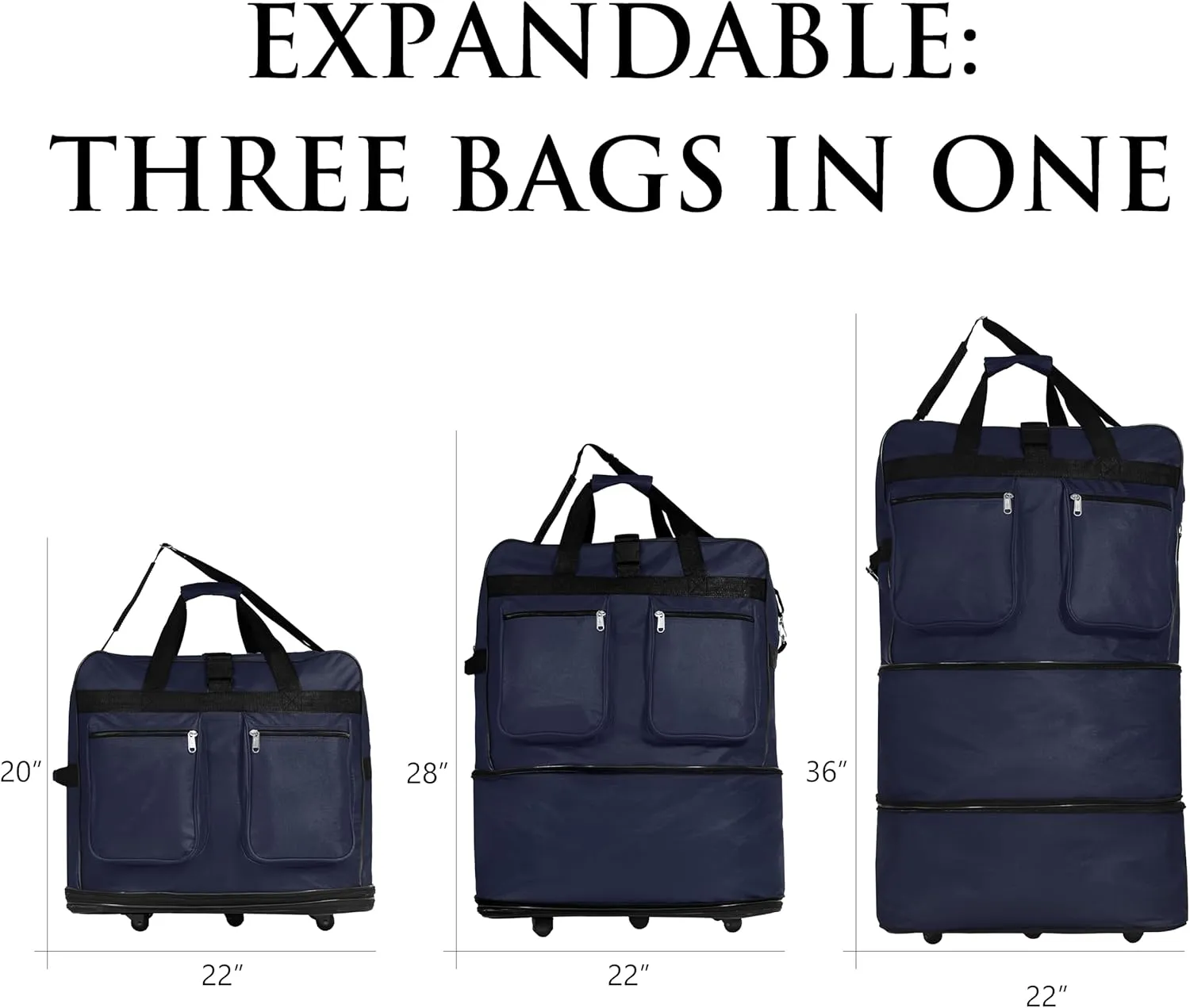 36" Expandable Duffle Bag (Lightweight) Rolling Wheeled Spinner Suitcase Luggage for Travel and Storage (Navy Blue)