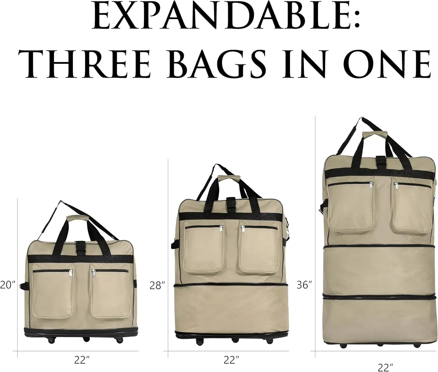 36"" Expandable Duffle Bag (Lightweight) Rolling Wheeled Spinner Suitcase Luggage for Travel and Storage, Khaki, Wheelbag36