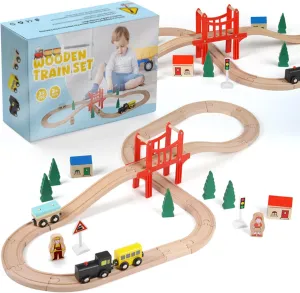 39 Pcs Wooden Train Tracks Set for Toddler, Wooden Toy with Magnetic Trains, Railway Set Christmas Toys, Compatible with All Major Brands for Girls & Boys 3-7 Years Old