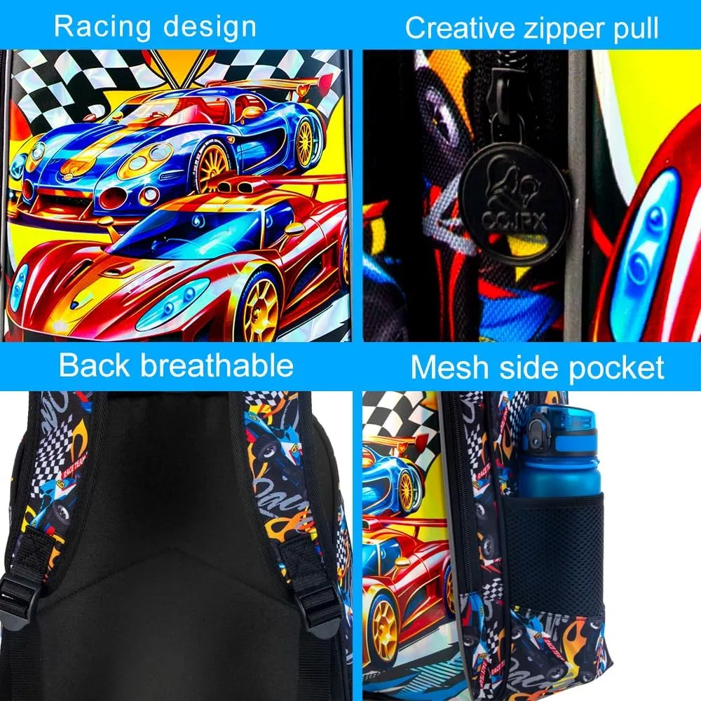 3Pcs Cars Backpack, 16" Boys Bookbag with Lunch Box, Kids School Backpacks Set for Elementary Preschool Kindergarten