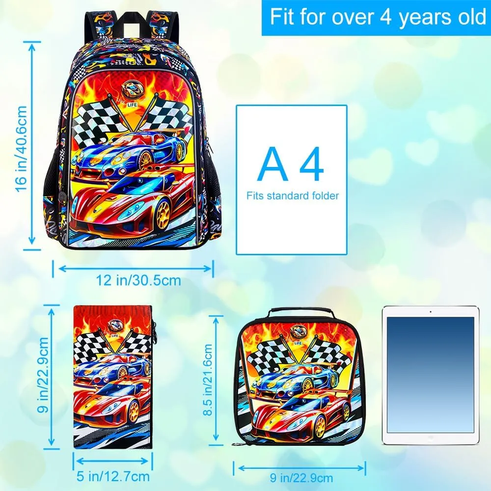 3Pcs Cars Backpack, 16" Boys Bookbag with Lunch Box, Kids School Backpacks Set for Elementary Preschool Kindergarten