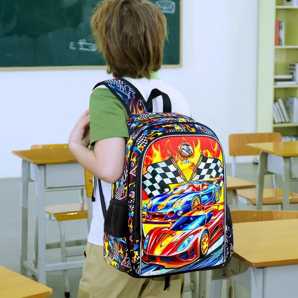 3Pcs Cars Backpack, 16" Boys Bookbag with Lunch Box, Kids School Backpacks Set for Elementary Preschool Kindergarten