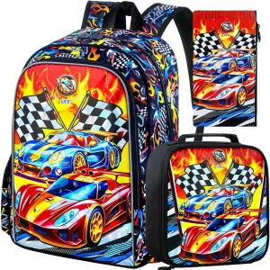 3Pcs Cars Backpack, 16" Boys Bookbag with Lunch Box, Kids School Backpacks Set for Elementary Preschool Kindergarten
