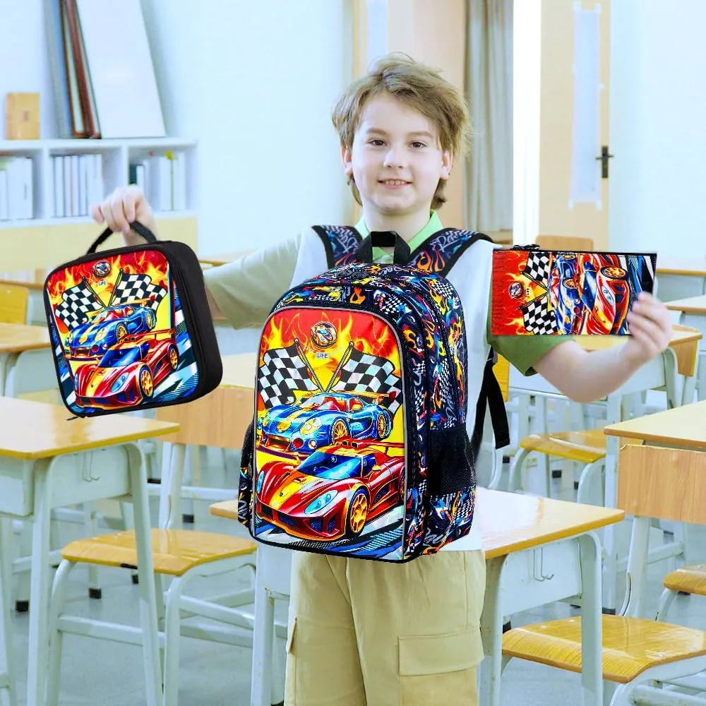 3Pcs Cars Backpack, 16" Boys Bookbag with Lunch Box, Kids School Backpacks Set for Elementary Preschool Kindergarten