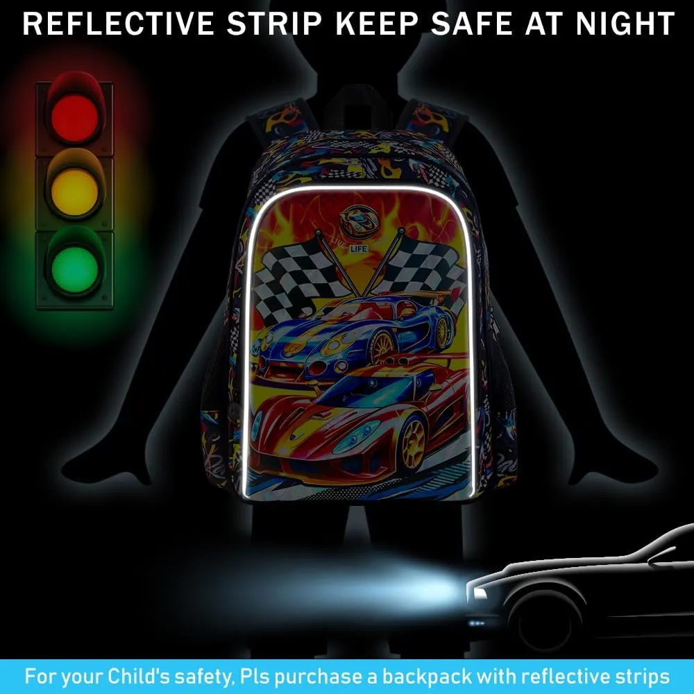 3Pcs Cars Backpack, 16" Boys Bookbag with Lunch Box, Kids School Backpacks Set for Elementary Preschool Kindergarten