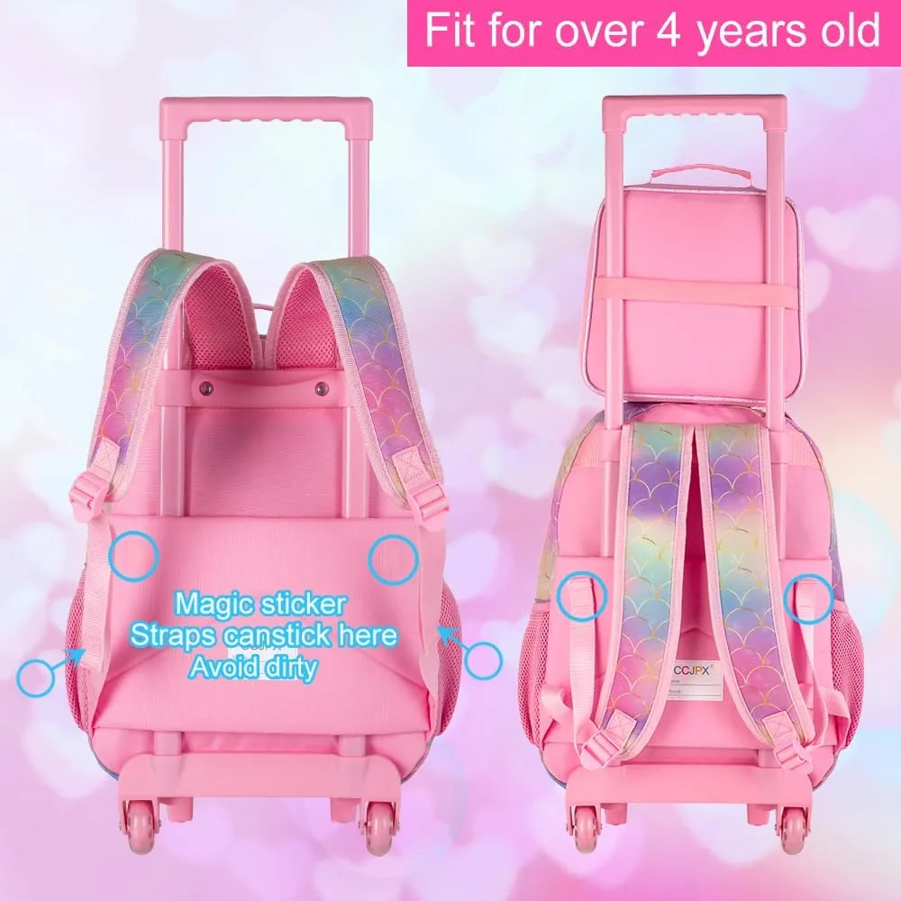 3PCS Rolling Backpack for Girls Boys, Kids Roller Wheeled Bookbag with Lunch Box, Backpacks with Wheels for Elementary