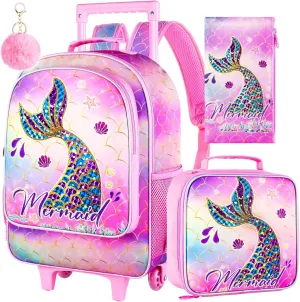 3PCS Rolling Backpack for Girls Boys, Kids Roller Wheeled Bookbag with Lunch Box, Backpacks with Wheels for Elementary