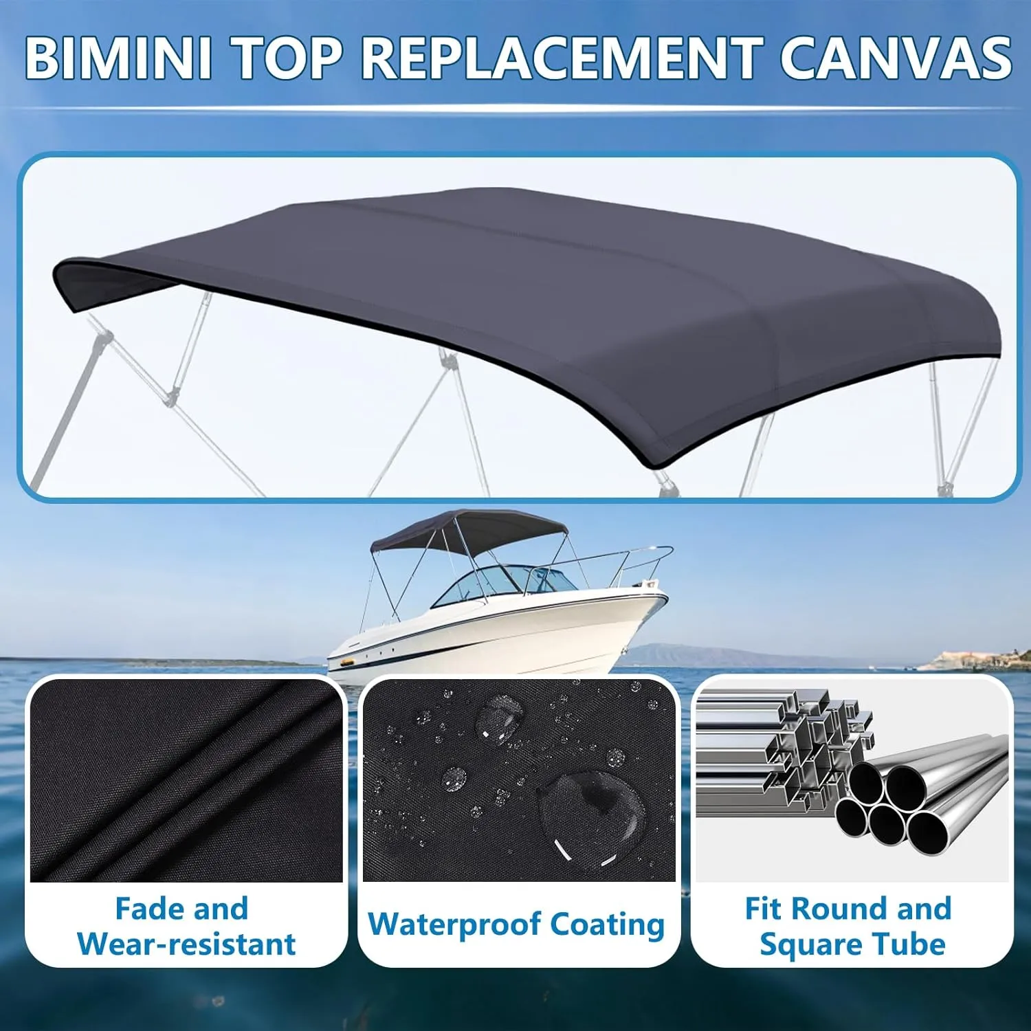 4 Bow Bimini Top Replacement Cover with Storage Boot, 600D Marine Grade Waterproof Sun Shade Boat Canopy, Easy Install Zipper Sleeves Boat Awning, Without Frame, Black (4 Bow 8‘L 91''-96''W)