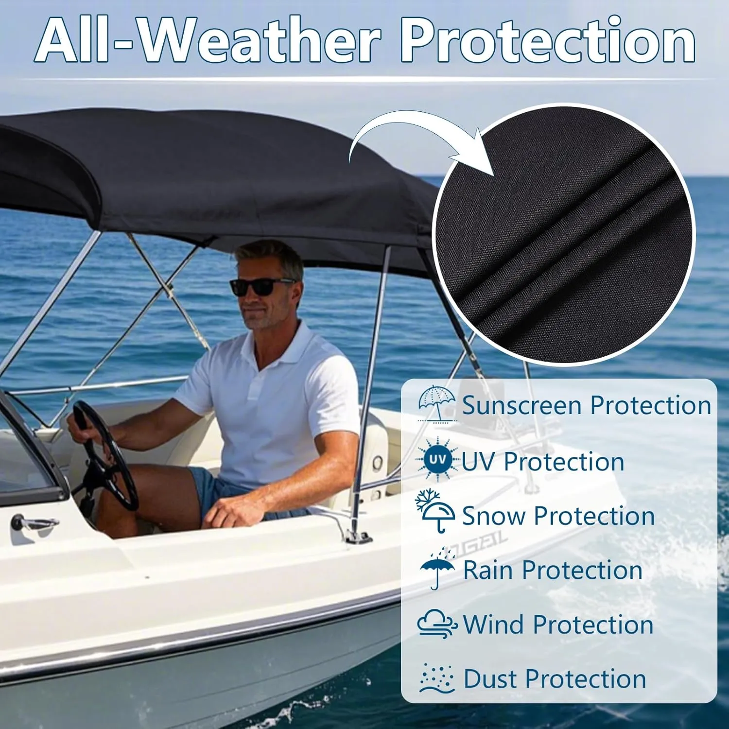 4 Bow Bimini Top Replacement Cover with Storage Boot, 600D Marine Grade Waterproof Sun Shade Boat Canopy, Easy Install Zipper Sleeves Boat Awning, Without Frame, Black (4 Bow 8‘L 91''-96''W)