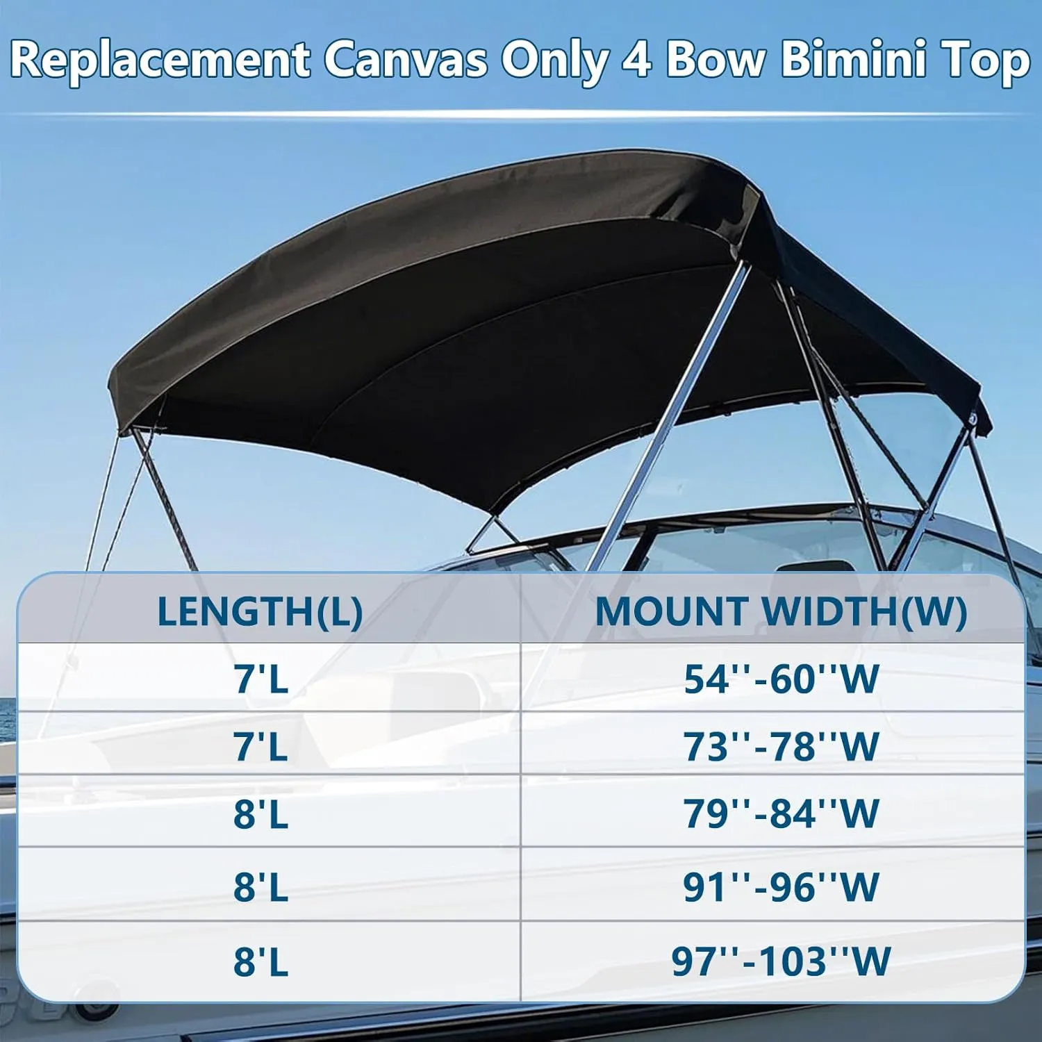 4 Bow Bimini Top Replacement Cover with Storage Boot, 600D Marine Grade Waterproof Sun Shade Boat Canopy, Easy Install Zipper Sleeves Boat Awning, Without Frame, Black (4 Bow 8‘L 91''-96''W)