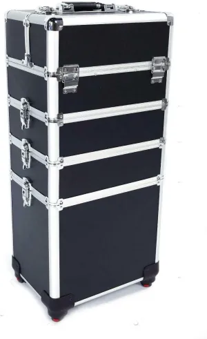 4-in-1 Aluminum Rolling Makeup Train Case with Lift Handle Lockable Key, Trolley Cart Travel Beauty Cosmetic, Black