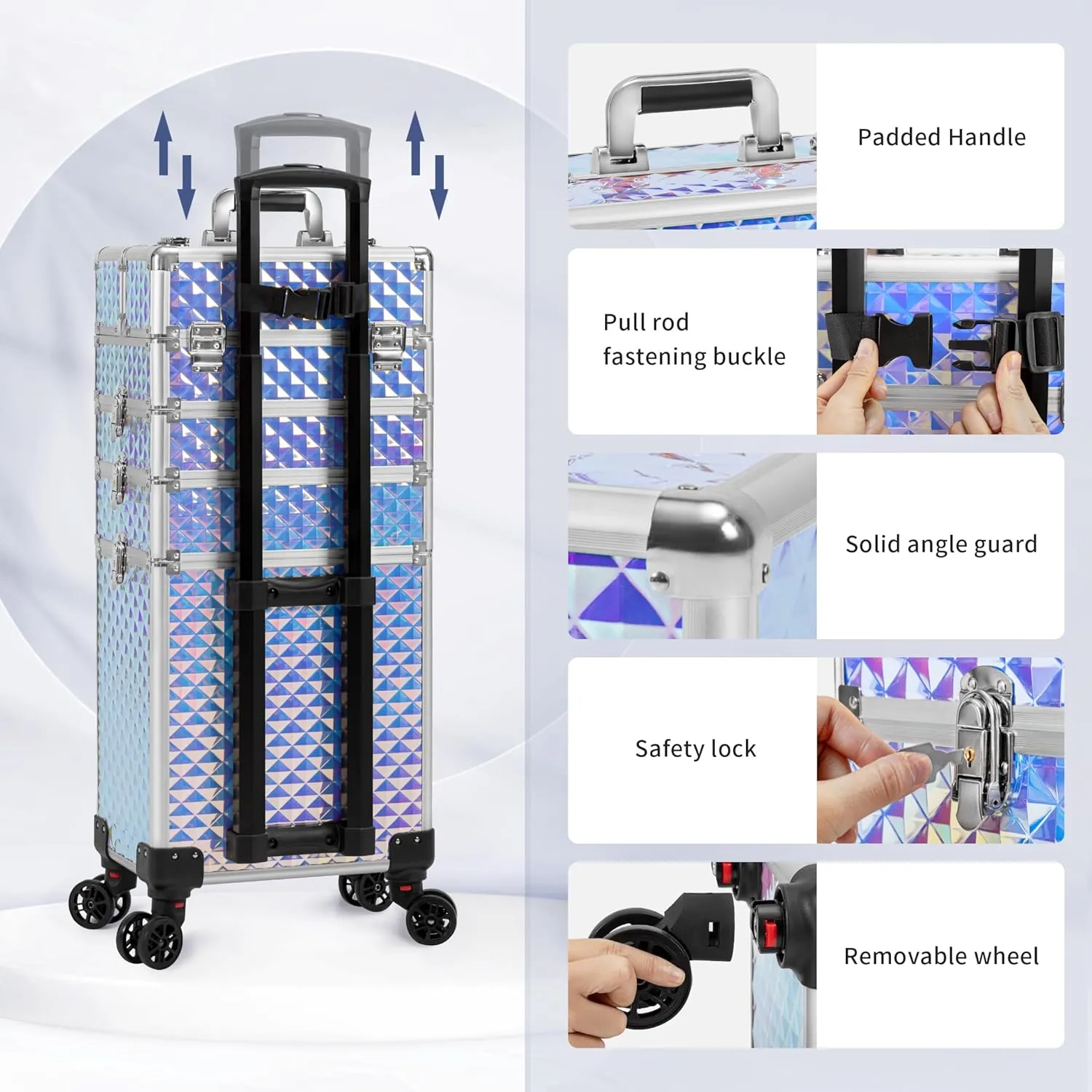 4 in 1 Professional Makeup Train Case Aluminum Cosmetic Case Rolling Case Extra Large Trolley Makeup Travel Organizer, with 360° Swivel Wheels for Nail Technicians, Makeup Artist