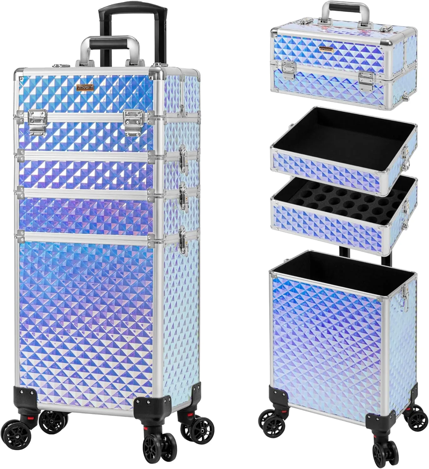 4 in 1 Professional Makeup Train Case Aluminum Cosmetic Case Rolling Case Extra Large Trolley Makeup Travel Organizer, with 360° Swivel Wheels for Nail Technicians, Makeup Artist