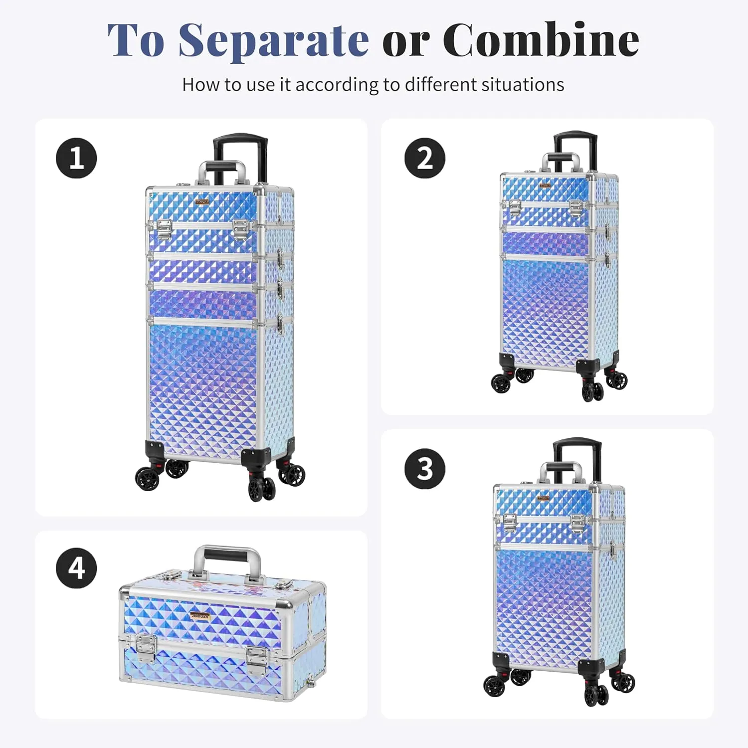 4 in 1 Professional Makeup Train Case Aluminum Cosmetic Case Rolling Case Extra Large Trolley Makeup Travel Organizer, with 360° Swivel Wheels for Nail Technicians, Makeup Artist