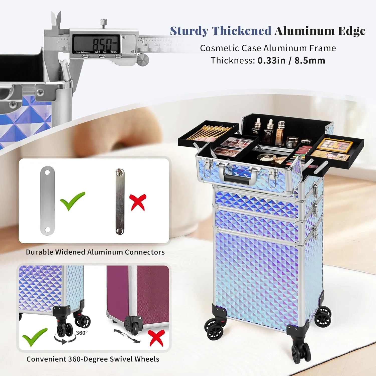 4 in 1 Professional Makeup Train Case Aluminum Cosmetic Case Rolling Case Extra Large Trolley Makeup Travel Organizer, with 360° Swivel Wheels for Nail Technicians, Makeup Artist