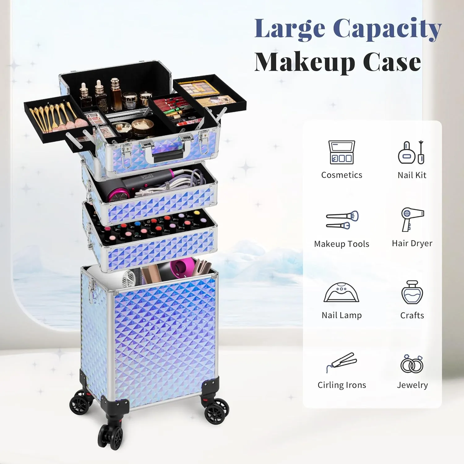 4 in 1 Professional Makeup Train Case Aluminum Cosmetic Case Rolling Case Extra Large Trolley Makeup Travel Organizer, with 360° Swivel Wheels for Nail Technicians, Makeup Artist