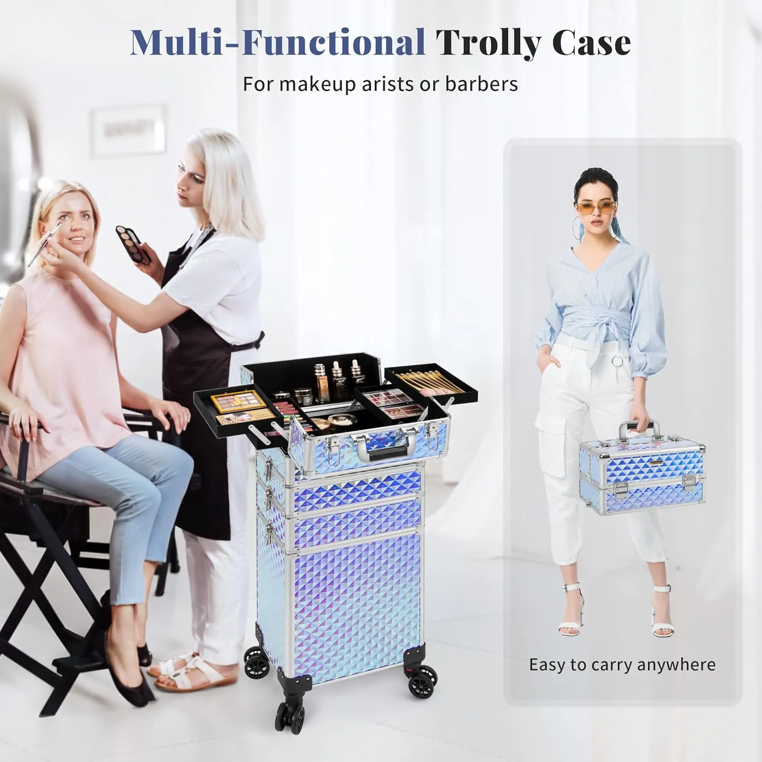 4 in 1 Professional Makeup Train Case Aluminum Cosmetic Case Rolling Case Extra Large Trolley Makeup Travel Organizer, with 360° Swivel Wheels for Nail Technicians, Makeup Artist