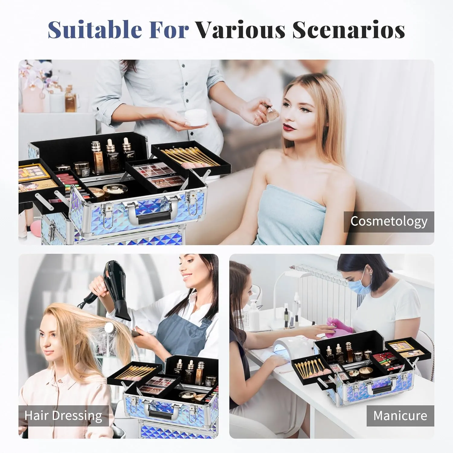 4 in 1 Professional Makeup Train Case Aluminum Cosmetic Case Rolling Case Extra Large Trolley Makeup Travel Organizer, with 360° Swivel Wheels for Nail Technicians, Makeup Artist