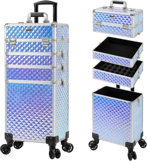 4 in 1 Professional Makeup Train Case Aluminum Cosmetic Case Rolling Case Extra Large Trolley Makeup Travel Organizer, with 360° Swivel Wheels for Nail Technicians, Makeup Artist